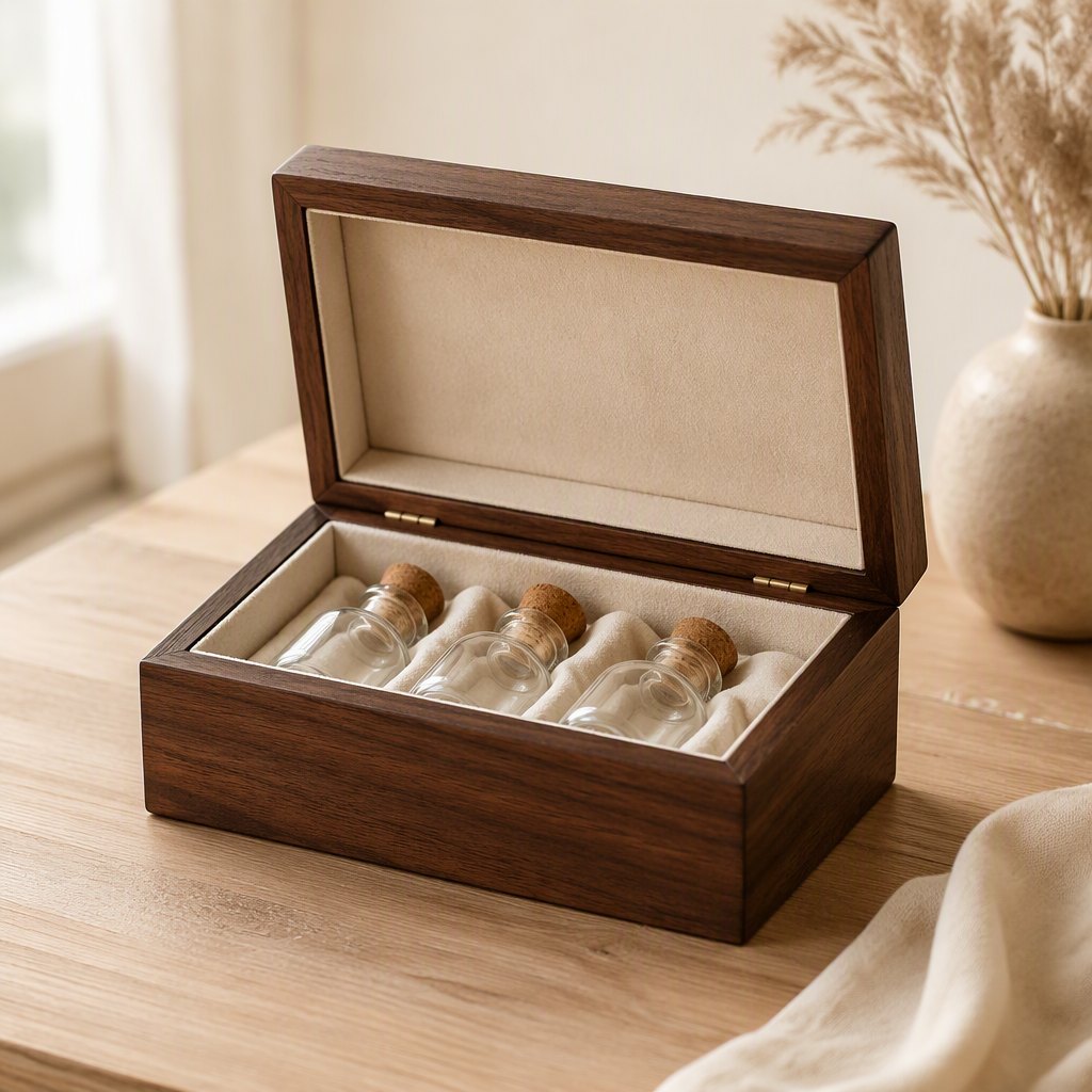 Walnut wood pet memorial keepsake box with glass bottles