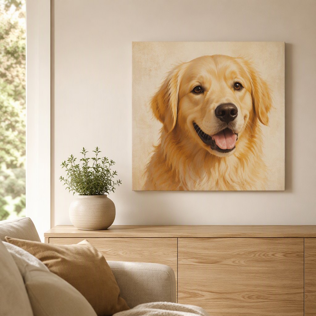 Custom pet portrait canvas displayed in a living room