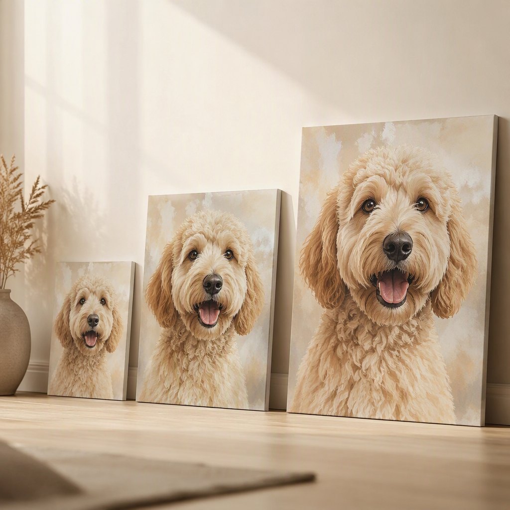 Custom pet portrait canvas size comparison 20x25, 30x40 and 40x50 cm