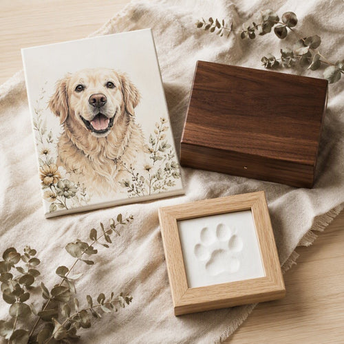 Complete pet memory gift set with canvas, keepsake box and paw print frame