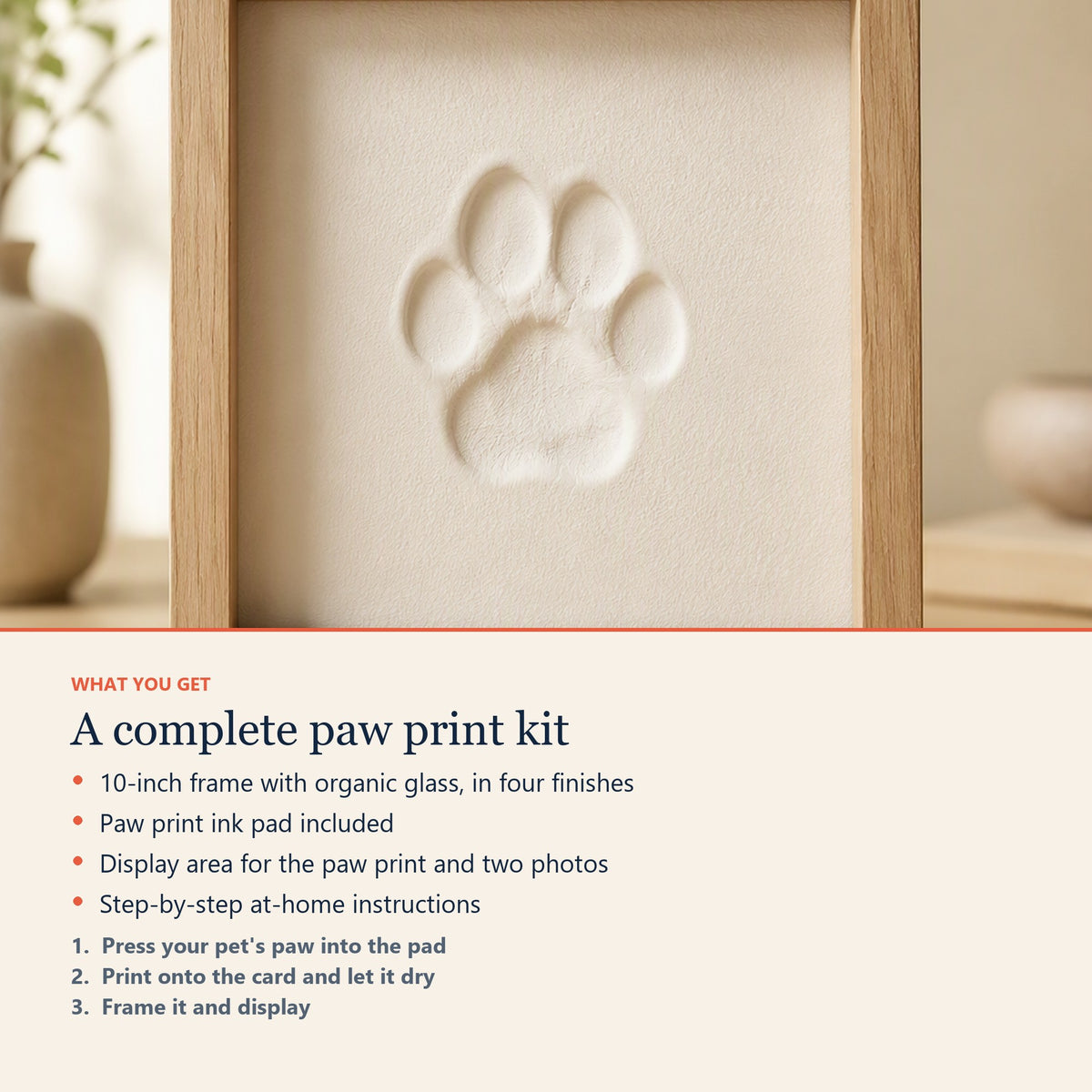 What you get in the DIY pet paw print frame kit, plus three steps
