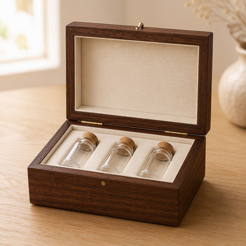 Walnut wood pet memorial keepsake box open with three glass bottles