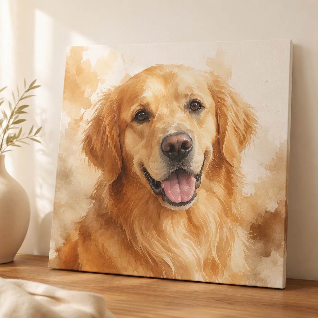 Custom pet portrait canvas print with an illustrated dog portrait