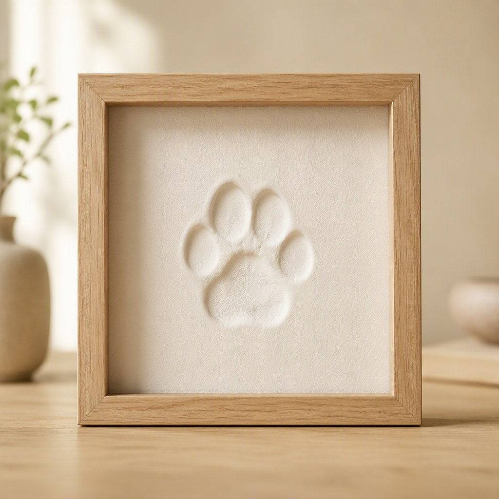 Natural oak paw print keepsake frame holding a white clay paw impression