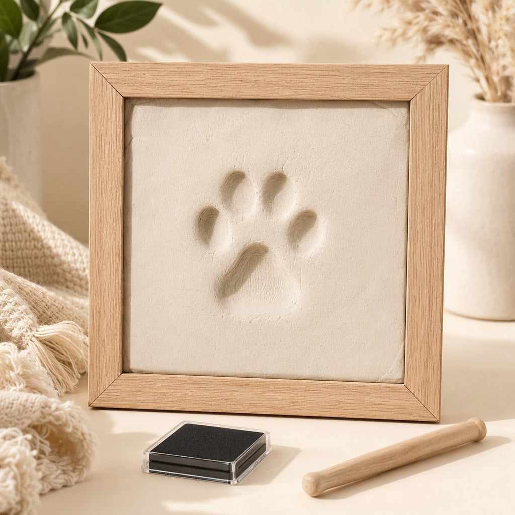 DIY pet paw print frame with ink pad and photo display